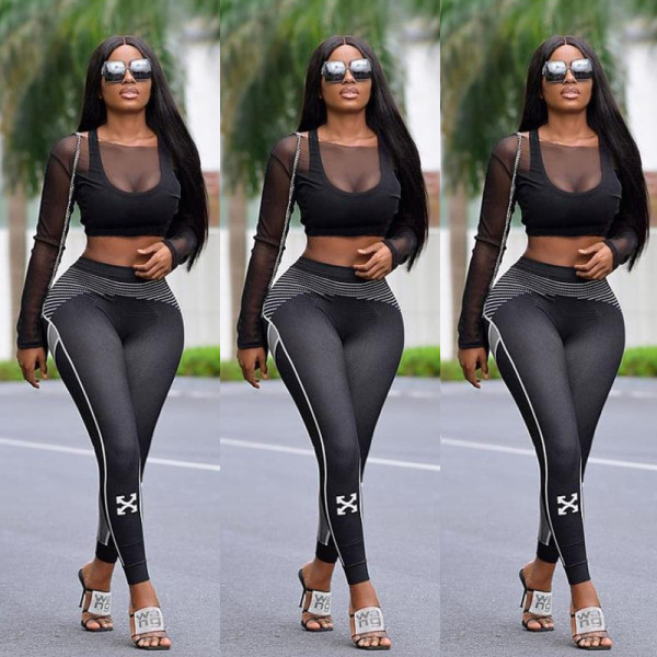 Fashion Mesh Long Sleeves Mini Top With Trousers Yoga Wear Two Piece Sets YZ818