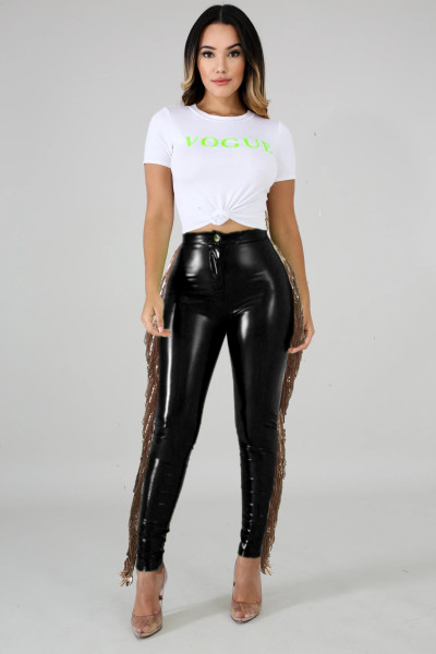 Fashion Tassel Stitching High Elastic Leather Long Pants A3241