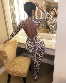 Plus size women's halter back hip tight-fitting bag hip skirt long-sleeved leopard print dress FF106