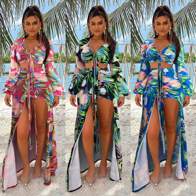 Womens Split Swimsuit Feminine Printed Long Sleeve Bikini NS10027
