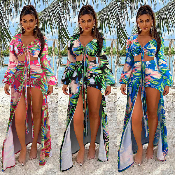 Womens Split Swimsuit Feminine Printed Long Sleeve Bikini NS10027