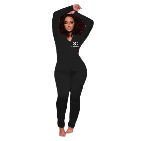 Sexy Printed Zipper V-Neck Long Sleeves Skinny Jumpsuit AMM8833