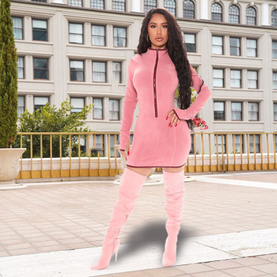 Fashion Solid Color Zipper Long Sleeves Mini Skinny Dress YH5200