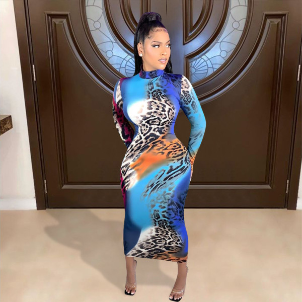 Fashion Leopard Printed Round Neck Long Sleeves Long Sleeves Skinny Dress ED8335