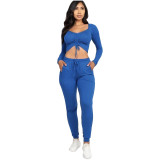 Fashion Solid Color Square Collar Long Sleeves Drawstring Cropped Top With Trousers Two Piece Sets Y