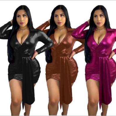Fashion Leather V-Neck Long Sleeves Irregular Skinny Dress MDF5191