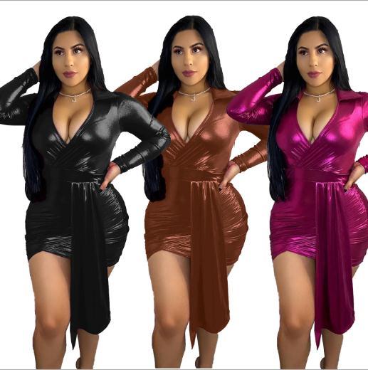 Fashion Leather V-Neck Long Sleeves Irregular Skinny Dress MDF5191