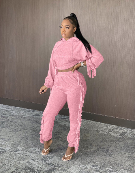 Fashion Solid Color Tassel Long Sleeves Hooded Sweater With Trousers Two Piece Sets BN126