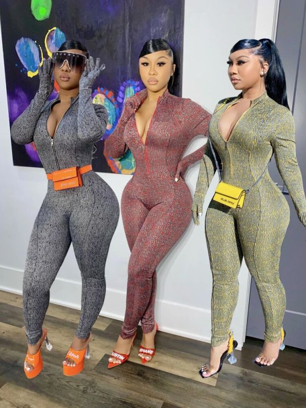 Sexy Printed Zipper V-Neck Long Sleeves Skinny Jumpsuit XM1166