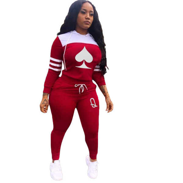 Fashion Pattern Printed Long Sleeves Hooded Sweater With Drawstring Trousers Two Piece Sets LY5870
