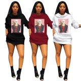 Fashion Pattern Printed Long Sleeves Plus Size Mini Sweater Dress OMM1183