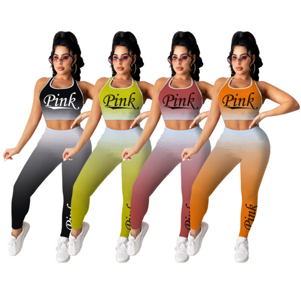 Gradient color printing slim fit casual sports two-piece suit BN7156
