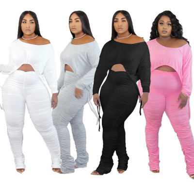 Sexy Round Neck Long Sleeves Drawstring Cropped Top With Pleated Trousers Two Piece Sets XYI9060