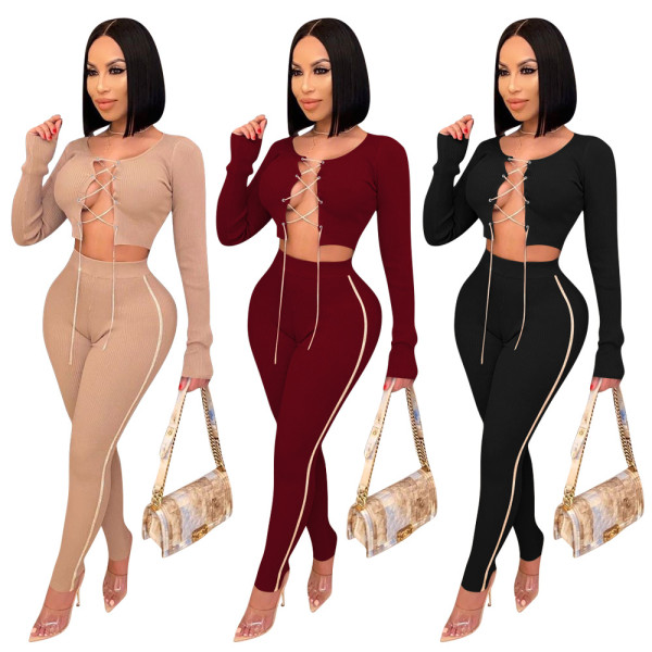 Sexy Solid Color Long Sleeves Strappy Mini Cardigan With Trousers Two Piece Sets P8535