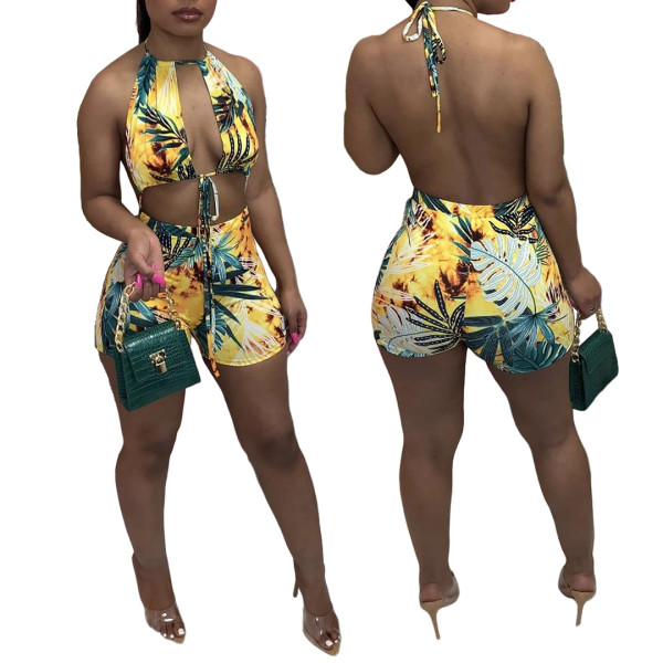Nightclub wear Halter tie print tropical swimsuit jumpsuit GL6358