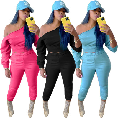 Sexy Solid Color Slash Neck Long Sleeves Mini Top With Trousers Two Piece Sets BLX7542