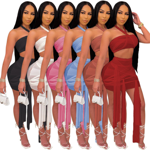 Tube top miniskirt suit irregular bandage mesh see-through sexy nightclub outfit DY6997