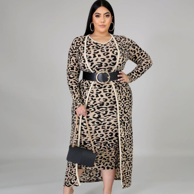 Plus Size Leopard Round Neck Sleeveless Midi Dress With Long Cardigan Two Pieces Sets  ONY5059