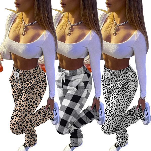 Autumn Pattern Printed Drawstring Long Pants Q1055