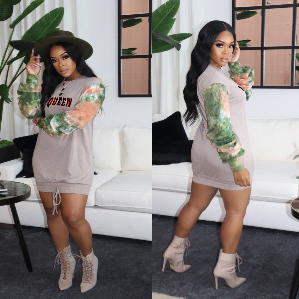 Fashion Letter Printed Stitching Round Neck Long Sleeves Mini Dress TH3577