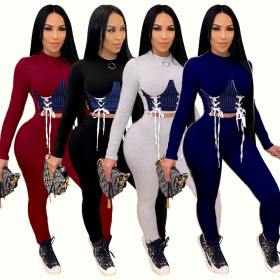 Fashion Strappy Round Neck Long Sleeves Mini Top With Trousers Two Piece Sets QZ4321