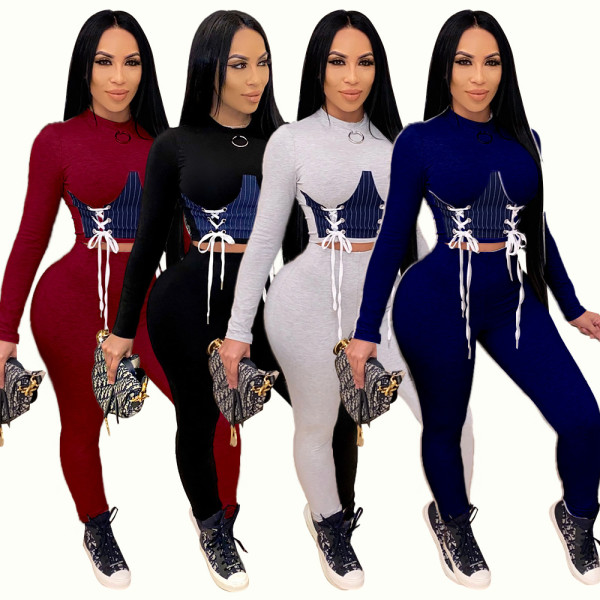Fashion Strappy Round Neck Long Sleeves Mini Top With Trousers Two Piece Sets QZ4321