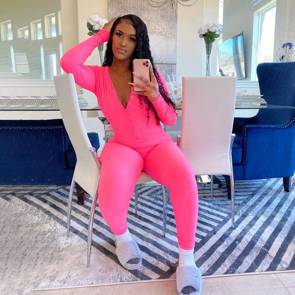 Fashion Button V-Neck Long Sleeves Stitching Skinny Jumpsuit K20Q09818