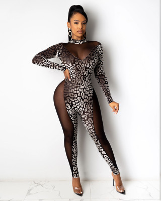 Fashion sexy printed net yarn stitching nightclub jumpsuit AMM8313
