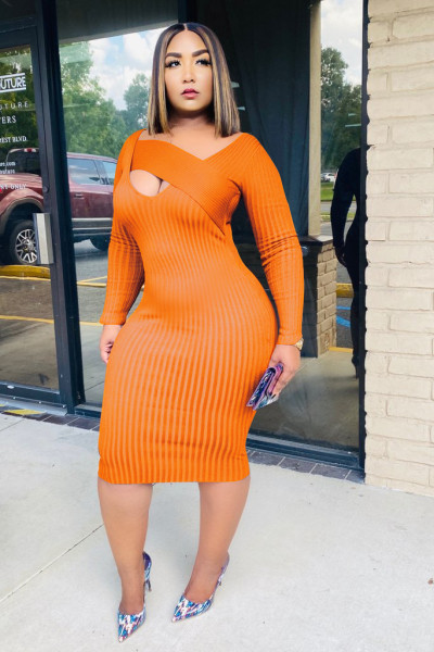 Sexy Solid Color V-Neck Long Sleeves Skinny Midi Dress KA7141