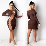 Sexy Knitting Hollow Out Lace-Up Long Sleeves Mini Skinny Dress CY1289