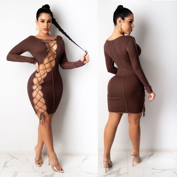Sexy Knitting Hollow Out Lace-Up Long Sleeves Mini Skinny Dress CY1289