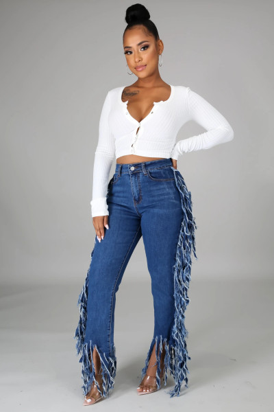 Fashion Solid Color Tassel Split Long Jeans A3236