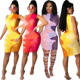 Womens cross-border print sexy pleated dress cute R6423
