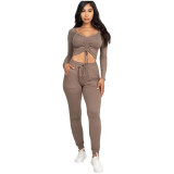 Fashion Solid Color Square Collar Long Sleeves Drawstring Cropped Top With Trousers Two Piece Sets Y