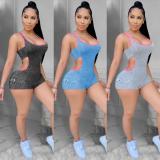 Womens spring and summer hollow solid color casual jumpsuit AT5123