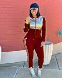 Fashion Contrast Stitching Zipper Long Sleeves Hooded Cardigan With Drawstring Trousers Two Piece Se
