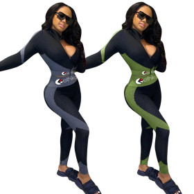 Sexy Letter Printed Zipper Long Sleeves Mini Top With Trousers Yoga Two Piece Sets LD9056