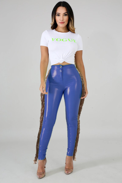 Fashion Tassel Stitching High Elastic Leather Long Pants A3241