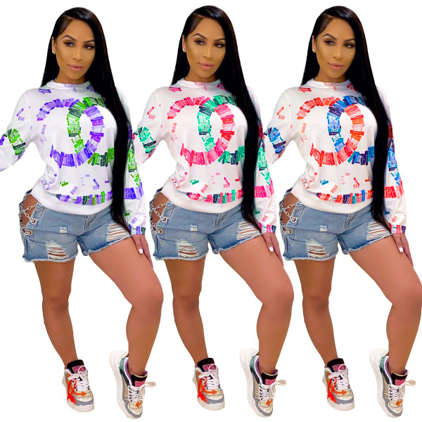 Fashion Pattern Printed Round Neck Long Sleeves Sweater ML7388