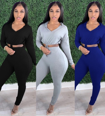Casual Solid Color Long Sleeves Hooded Drawstring Cropped Sweater With Trousers Two Piece Sets YM151