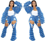 Fashion Denim Stack Flared Sleeves Short Jacket  LA3223