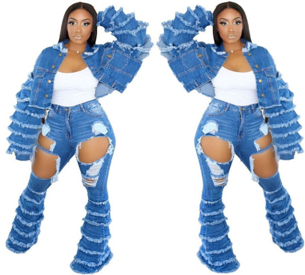 Fashion Denim Stack Flared Sleeves Short Jacket  LA3223