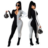 Fashion slim three-color stitching jumpsuit ML7410