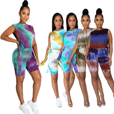 Side open tie-dye vest shorts fashion casual suit RM8917