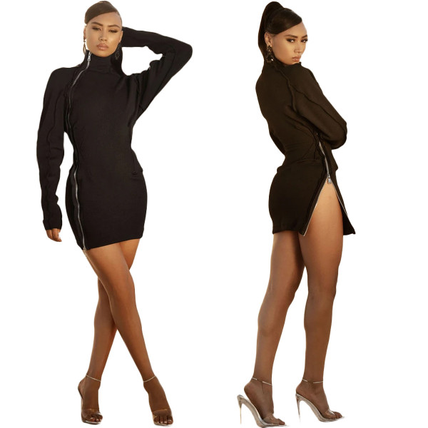 Fashion Zipper High Collar Long Sleeves Split Mini Dress YX9263