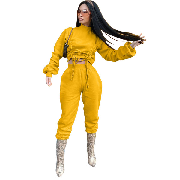 Autumn Solid Color High Collar Long Sleeves Drawstring Mini Top With Trousers Two Piece Sets WYM2028