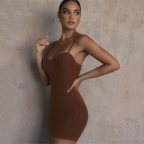 Sexy Solid Color Suspenders Backless Mini Skinny Dress FD8811