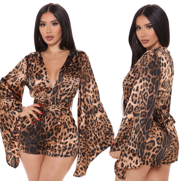 Sexy fashion leopard print long sleeve V-neck short jumpsuit SMR9850