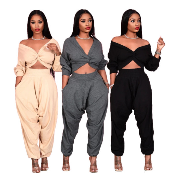 Fashion V-Neck Long Sleeves Cropped Top With Wide Leg Pants Two Pieces Sets T282