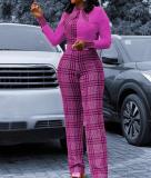 Fashion Plaid Stitching Long Sleeves Straight Pants Plus Size Jumpsuit XCSD9901